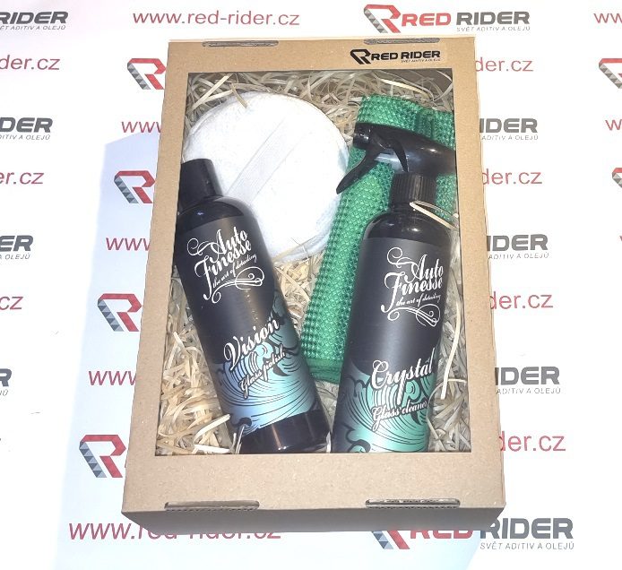 Red-rider.cz Dárkový set Auto Finesse Crystal Glass Cleaner 500 ml + Auto Finesse Vision Glass Polish 500 ml + Auto Finesse Glass Waffle 40x60 cm + Auto Finesse Microfiber Applicator mikrovláknový aplikátor