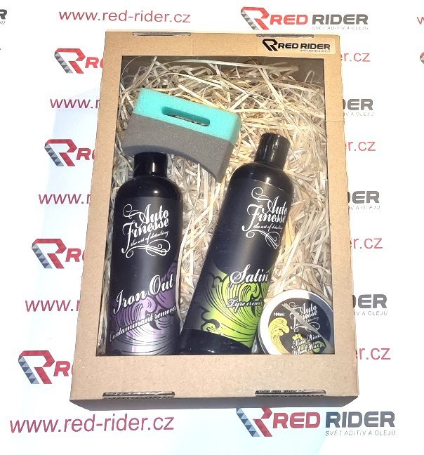 Red-rider.cz Dárkový set Auto Finesse Iron Out Contamination Remover 500 ml + Auto Finesse Satin Tyre Creme Dressing 500 ml + Auto Finesse Tyre & Trim Applicator + Auto Finesse Mint Rims Wheel Wax 100 ml