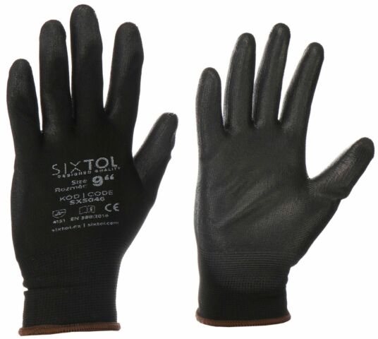 Rukavice pracovní z polyesteru polomáčené v polyuretanu GLOVE PE-PU 9, černé, velikost 9" SIXTOL