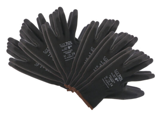 Rukavice pracovní z polyesteru polomáčené v PU GLOVE PE-PU 9, černé, vel 9", 6 párů SIXTOL