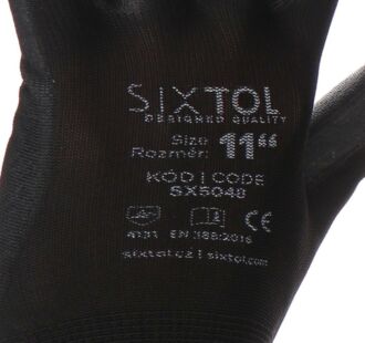 Rukavice pracovní z polyesteru polomáčené v PU GLOVE PE-PU 11, černé, vel 11", 6 párů SIXTOL