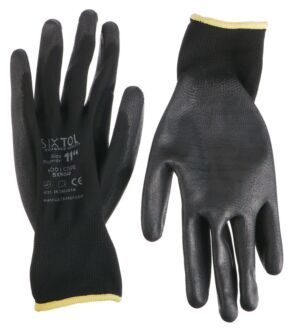 Rukavice pracovní z polyesteru polomáčené v PU GLOVE PE-PU 11, černé, vel 11", 6 párů SIXTOL