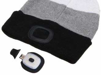 Čepice s čelovkou 180lm, nabíjecí, USB, univerzální velikost, bavlna/PE, černá/šedá/bílá SIXTOL